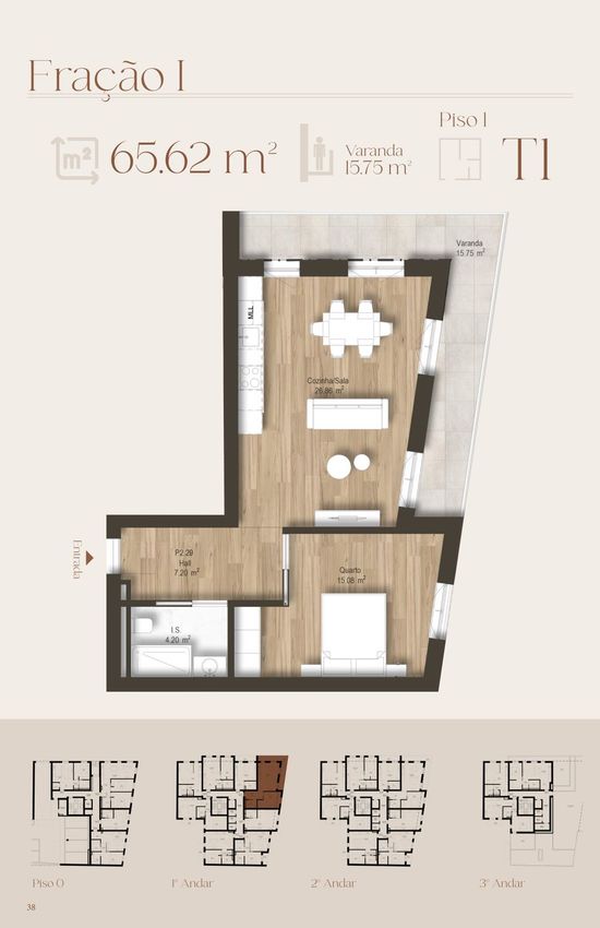 Imagem Planta de apartamento t1 em Rua Padre José Feliciano, 68